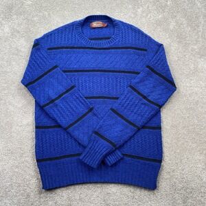 Winter Harbor Sweater Mens L Blue Excellent Shetland Wool Striped Crewneck USA